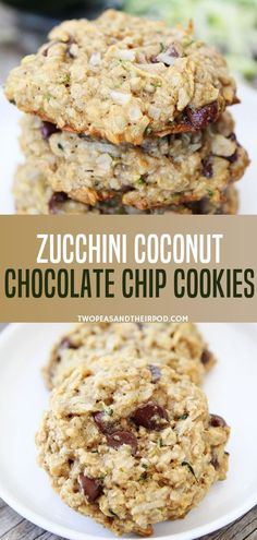 zucchini coconut chocolate chip cookies stacked on top of each other with text overlay