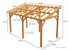 a wooden structure with measurements for the top and bottom section, including an attached roof