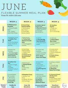 a printable summer meal plan for kids with vegetables and fruits, including carrots