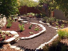 a garden with rocks and plants in the center, surrounded by trees on both sides