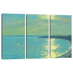 three pieces of art depicting the ocean and boats in the water at sunset, with blue sky