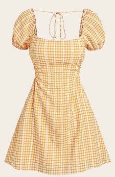 Dress Short Sleeve, Fashion Mode, Dress Short, Check Pattern, Yellow Dress, Square Neckline, Dress Details