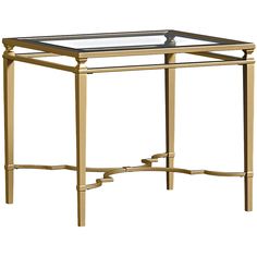 a gold metal and glass end table with an open shelf on the bottom, against a white background