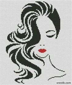 a woman's face with long hair in black and white cross stitch on a white background