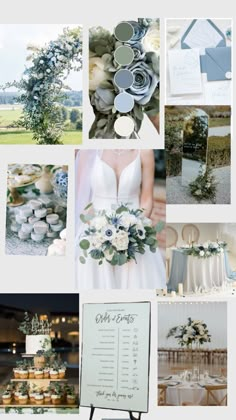 a collage of photos with flowers and greenery on them, including an assortment of wedding