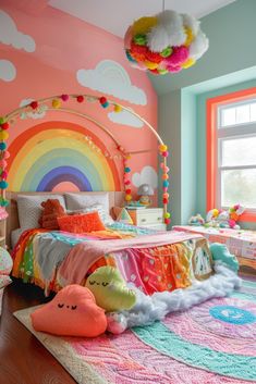 a bedroom decorated in pastel colors with rainbows and clouds