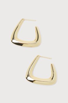 Every side is your good side when you've got the Lulus Exceptional Angle 14KT Gold Geometric Beveled Hoop Earrings! Gleaming, 14KT gold plates these elegant, minimalist earrings that have a subtly triangular shape and a beveled design that dances in the light. This item is plated with real 14KT gold. Love it and it will love you back! Remove before exercising or showering, and when applying scents, lotions and sprays. Post backs. 1" Long and 1" Wide. 100% 14K Gold Dipped Brass. Imported. Lulus | Modern Yellow Gold Plated Hoop Earrings, Modern Crescent Yellow Gold Hoop Earrings, Modern Yellow Gold Brass Hoop Earrings, Geometric Hoop Earrings Gold, Modern Geometric Gold Hoop Earrings, Gold Plates, Lulu Fashion, Gold Dipped, Gold Geometric