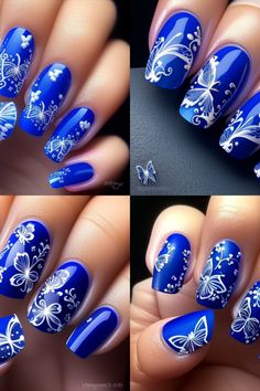 Springtime Vibes: Coffin Nails in Royal Blue with Delicate Butterfly Patterns Black Nails With Butterfly Design, Blue Butterfly Nail Designs, Royal Blue Nails With Butterflies, Coffin Royal Blue Nails, Blue Nails With Butterflies, Nail Art Papillon, Nails With Butterflies, Royal Blue Nails Designs, Sns Nails Designs