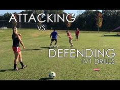 girls are playing soccer on the field with text that reads attacking vs defending iv drills