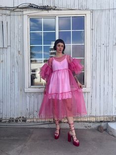 Stella Dress Sheer Tulle Dress Overlay, Sheer Organza Dress, Pink And Red Wedding Dress, Sheer Fabric Outfits, Pink Fairy Outfit, Layered Dress Outfit, Sheer Dress Outfit, Pink Party Outfit, Sheer Ruffle Dress