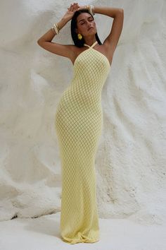 SIMI MAXI DRESS - LEMON Yellow Sundress Long, Fitted High Neck Maxi Dress For Summer, Spring Stretch Maxi Dress With Halter Neck, Spring Stretch Halter Neck Maxi Dress, Chic Stretch Maxi Dress For Vacation, Elegant Stretch Halter Dress For Vacation, Fitted Long Halter Dress For Vacation, Chic Stretch Halter Maxi Dress, Chic Stretch Maxi Length Halter Dress