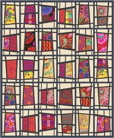 a colorful quilt with squares and flowers on the front, as if it were made out of