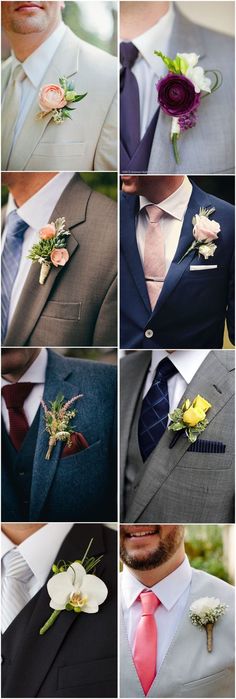 several different pictures of men in suits and ties with flowers on their lapel covers