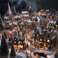 a christmas village is shown with lights on the trees and houses in the snow at night