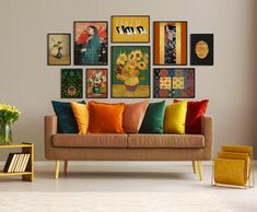 a living room filled with lots of colorful pillows and pictures on the wall above it