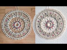 two circular wall hangings with beaded designs on the top and bottom, one in white