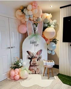 a bunny themed party with balloons and decorations