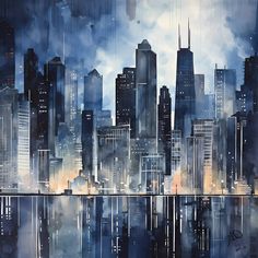 a painting of a cityscape in the rain with buildings reflected in the water