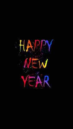 the words happy new year are written in multicolored ink on a black background