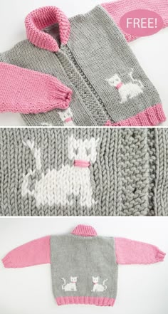 two knitted sweaters with white and pink animals on them, one is gray and the other is pink