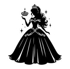 a black and white silhouette of a princess holding a tiara with stars on it