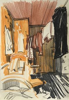 a drawing of clothes hanging on a rack in a room with a bed and dresser