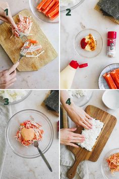 four pictures showing how to make carrots and shredded cheese