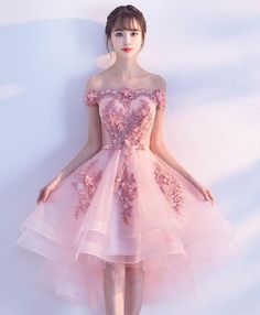 Birthday 17, High Low Party Dresses, Prom Dresses Off The Shoulder, Cute Homecoming Dresses, Tulle Homecoming Dress, Pink Party Dresses, 파티 드레스, Pink Homecoming Dress, Prom Dresses 2019