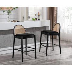 Guyou Modern Bar Stools Set of 2, 30" Counter Height Bar Stools with Natural Rattan Back and Solid Wood Frame, Sherpa Upholstered Kitchen Island Chairs for Bar Island Cafe Kitchen, Black - Walmart.com Kitchen Island Chairs, Bar Island, Island Chairs, Rattan Bar Stools, Cafe Kitchen, Kitchen Black, Wooden Bar Stools, Black Bar Stools