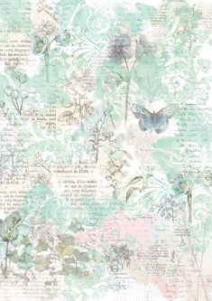 a wallpaper with flowers and butterflies in pastel green, pink and white colors