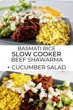 two plates filled with different types of food and the words basmat rice slow cooker bee