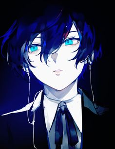 an anime character with blue eyes and black hair wearing a suit, tie and earphones