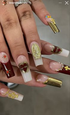 Catholic Acrylic Nails, Catholic Nails Acrylic, Catholic Nail Art, Sacred Heart Nails, Virgin Mary Nails, Catholic Nails, Baroque Nails, Jamaica Nails, Red And Gold Nails