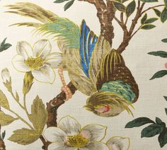 a close up of a wallpaper with flowers and birds on the back drop down