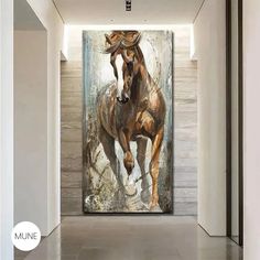 a painting of a horse running through a room with white walls and tile flooring