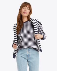 Natalie Sweatshirt in Navy Gingham – Draper James Plaid Long Sleeve Tops For Casual Gatherings, Plaid Long Sleeve Top For Spring, Relaxed Fit Gingham Cotton Top, Relaxed Fit Cotton Gingham Tops, Classic Plaid Tops For Fall, Preppy Gingham Tops For Spring, Spring Long Sleeve Plaid Top, Spring Preppy Gingham Tops, Spring Gingham Preppy Tops