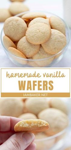 homemade vanilla wafers in a glass bowl on a white table with text overlay