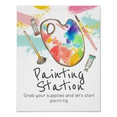 painting station poster with brush, palette and paintbrush on the front of it's cover