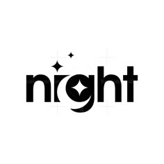 the word night written in black and white with stars above it on a white background