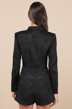 It's easy to see yourself owning the room in the Lulus Confident Sophistication Black Jacquard Collared Blazer Romper! Lightweight woven jacquard, with a tonal leaf pattern throughout, shapes long sleeves and a seamed bodice with a collared neckline and notched lapels. Fitted waist sits above a pair of attached shorts with a skirt-style overlay and two functional buttons. Fit: This garment fits true to size. Length: Above mid-thigh. Size medium measures 31.5" from shoulder to hem. Bust: Great for any cup size. Waist: Fitted - very fitted at natural waist. Hip: Loosely Fitted. Undergarments: May be worn with any standard bra. Fabric: Fabric has no stretch. Shorts are lined. Shell: 100% Polyester. Lining: 100% Polyester. Hand Wash Cold. Do Not Bleach. Line Dry. Iron Low Heat. Imported. Lulus Jacquard Long Sleeve Party Outerwear, Long Sleeve Jacquard Outerwear For Parties, Jacquard Long Sleeve Outerwear For Party, Chic Jacquard Outerwear For Party, Fall Jacquard Outerwear For Party, Blazer Romper, Size Sorting, Cheap Fabric, See Yourself