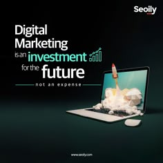 a laptop computer with a rocket coming out of it's screen and the words digital marketing is an investment for the future not expensive