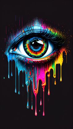 an eye with dripping paint on it's face and the colors are multicolored