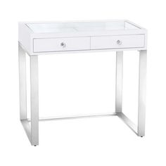 a white desk with two drawers on the bottom and one drawer at the top, in front of a white background