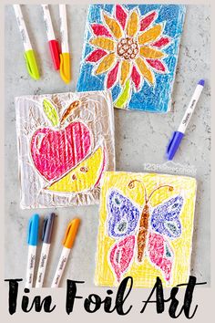 three colorful art projects with crayons and markers