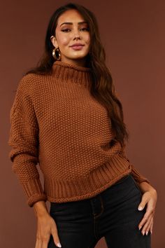 She+Sky Cognac Mock Neck Rolled Hem Chunky Sweater | Lime Lush Lime Lush, Crochet Clothing, Fall Clothes, Family Fashion, Rolled Hem, Chunky Sweater, Royal Fashion, Drop Shoulder, Cognac