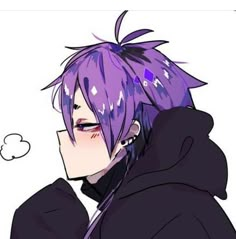 an anime character with purple hair wearing a black hoodie and looking at the sky