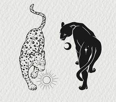 two black and white cheetah silhouettes, one with the moon in its mouth