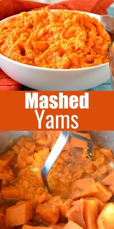 mashed yams in a white bowl on a red tablecloth with text overlay