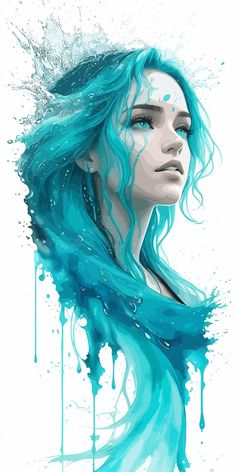 a painting of a woman with blue hair and water splashing on her face,