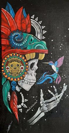 a painting of a skull wearing a colorful hat with a bird on it's head